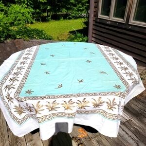 Vintage Rectangle Table Linen Mint Green Gold Foil Ivory 50" w 66"  Wheat Sheath